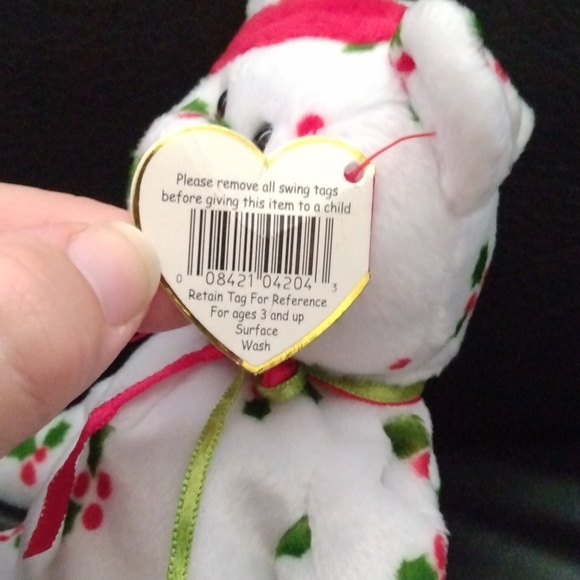 RARE, TY Beanie Baby 1998 Holiday Teddy Bear Holly Berries on White - Picture 6 of 11